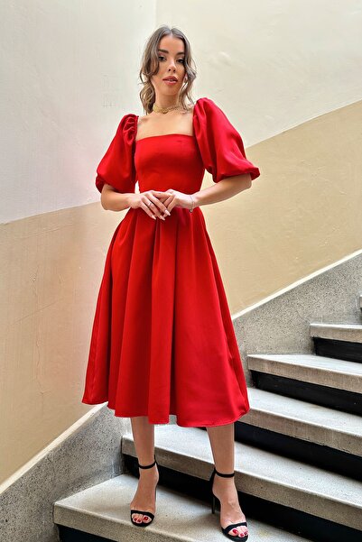 Seda Yalçın Atelier Red Balloon Sleeve Midi Length Ernest Dress