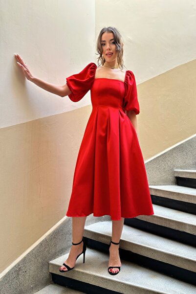 Seda Yalçın Atelier Red Balloon Sleeve Midi Length Ernest Dress