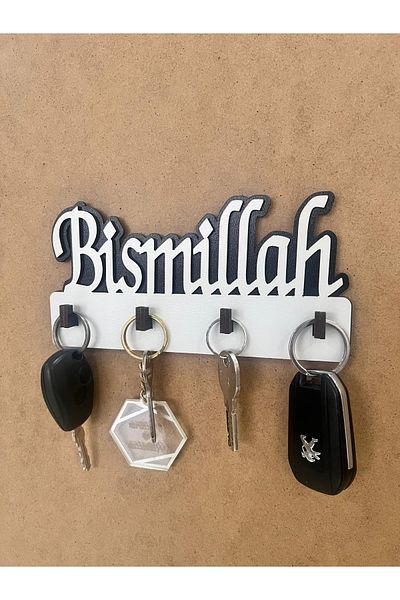 AS TİCARET Bismillah Besmele White Wooden Key Hanger Keychain Key Holder