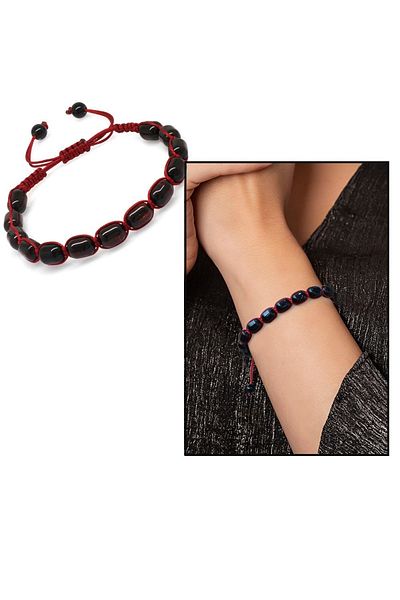 Tesbihane Macrame Braided Capsule Cut Dark Red Color Drop Amber Women's Bracelet