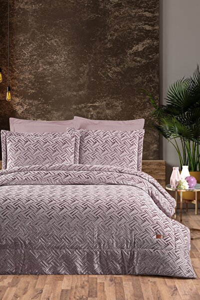 PASIONI - Velvet - Salvatore - Jakar Kadife Gül Kurusu Çift Kişilik Yatak Örtüsü Takımı