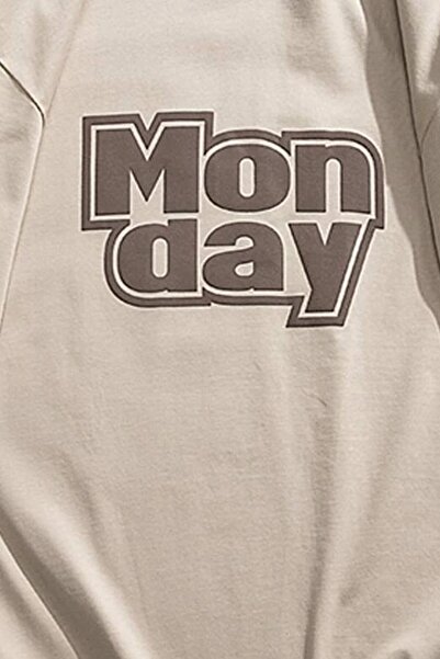 MODAGEN Unisex Beige Mon Day Printed Oversize T-shirt