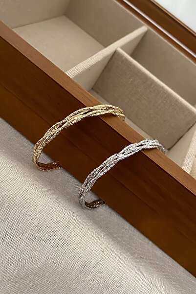 ŞekerAksesuar Gümüş Gold Tırtıklı Örgü Model Kelepçe Bileklik