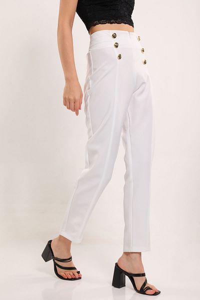 GÜLSELİ Cream Women's Grassy Button Detailed Trousers