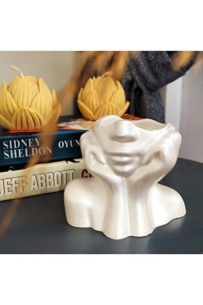 E.M.S AVM Yarım Yüz Vazo Yarım Yüz Saksı Yarım Yüz Kadın Saksı Sedef Beyaz 9 X 11 Cm