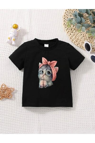 Keywest Kids Sweet Bow Cat Printed Oversize Black Children's T-shirt