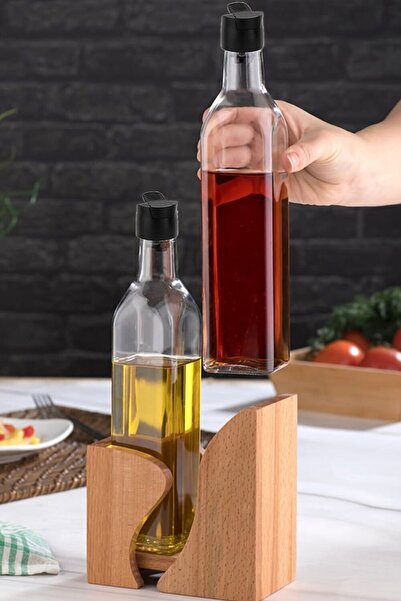 melik's 2li Yağlık Sirkelik Cam Şişe Ahşap Standlı Gloria Cam Yağdanlık Soslu...