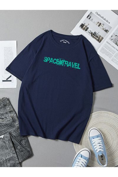 DEEPSENCE Unisex Oversize T-shirt Space Travel Back Print Navy Blue