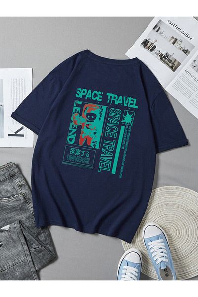 DEEPSENCE Unisex Oversize T-shirt Space Travel Back Print Navy Blue