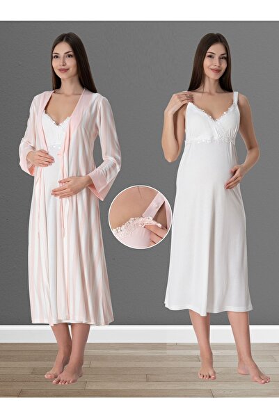 by İGP Effortt Pudra Ekru Kadın Hamile Lohusa Sabahlıklı Askılı Gecelik Takım