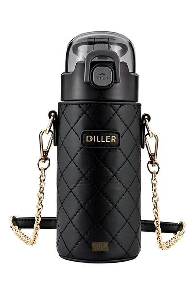 DILLER 450ml Moda Deri Kılıflı Pipetli Taşıma Askılı Çift Yalıtımlı Paslanmaz Çelik Termos Matara
