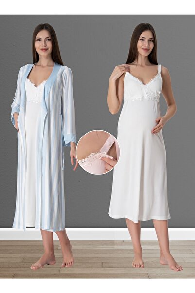 by İGP Effortt Mavi Ekru Kadın Hamile Lohusa Sabahlıklı Askılı Gecelik Takım