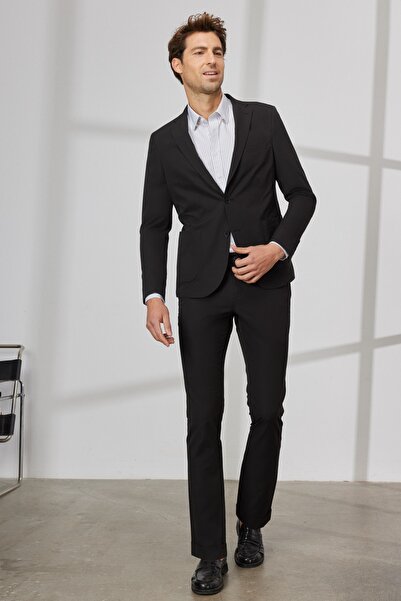 ALTINYILDIZ CLASSICS Erkek Siyah Slim Fit Dar Kesim Kırlangıç Yaka Çizgili Takım Elbise