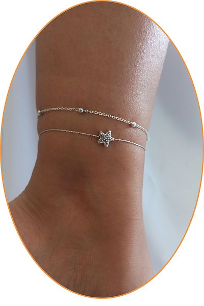 DENİZDENAL Anklet Set of 2 Anklets Silver Star Figure