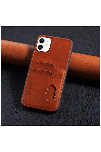 Zebana Apple Iphone 11 Uyumlu Kılıf Kartlıklı Lüx Deri Kılıf Koyu Kahverengi