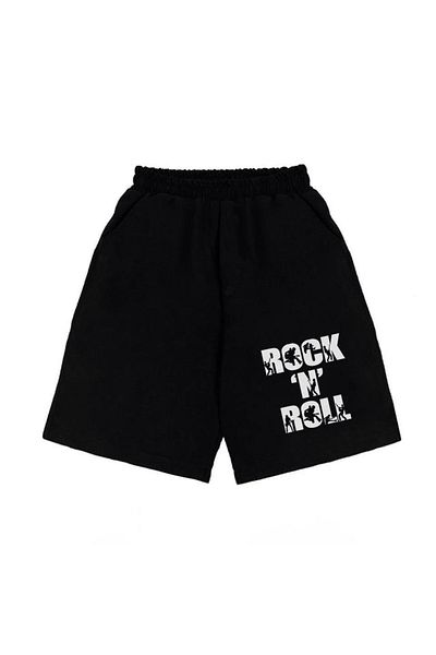 Gofeel Μαύρο χτενισμένο βαμβακερό σορτς Unisex με σχέδιο Rock 'n' Roll