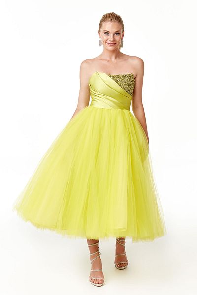 ÖMÜR INN Women's Tulle Detailed Midilength Evening Dress 23760 Pistachio Green