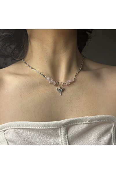 Lullaby Pembe Kuvars Fairycore Y2k Goth Hediyelik Tasarım Doğal Taş Kolye