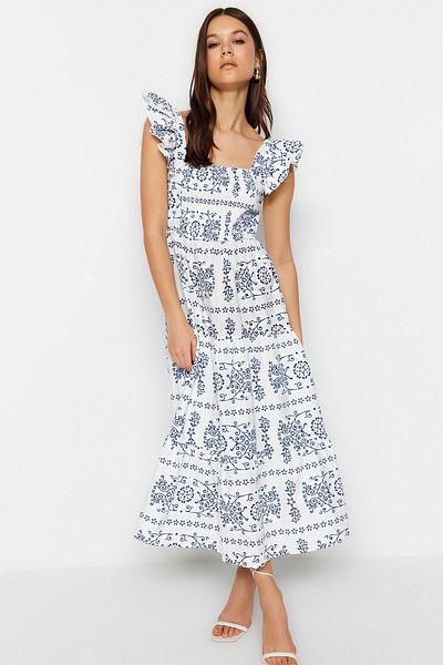 Trendyol Collection Bílá etnická vzorovaná sukně v pase rozepínací čtvercový límec tkané šaty TWOSS23EL01910