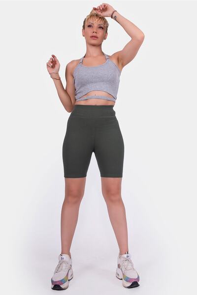Tam12den Home سروال قصير مضلع عالي الخصر باللون الأخضر الكاكي