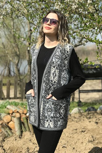 Dinçerler tekstil Women's Kilim Patterned Buttonless Thick V-Neck Mother Vest