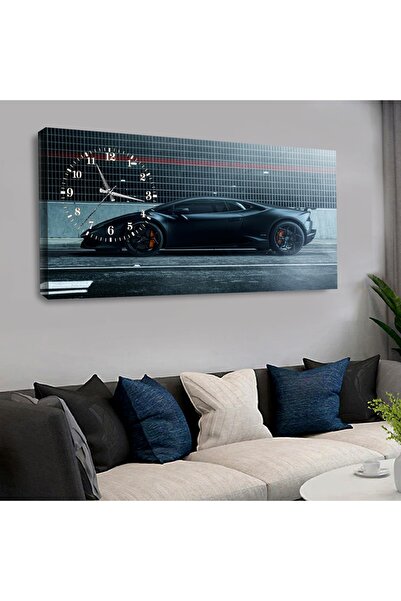 Zevahir Mobilya Dekorasyon Kanvas Siyah Lüks Spor Araba Saatli Tablo