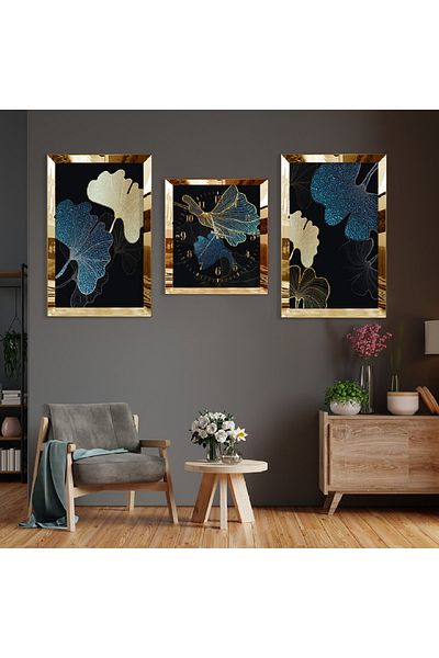 Zevahir Mobilya Dekorasyon Set de pictură și ceas cu model abstract cu margine din plexiglas auriu cu flori din MDF triplu