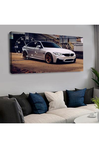 Zevahir Mobilya Dekorasyon Kanvas Beyaz Spor Araba Saatli Tablo