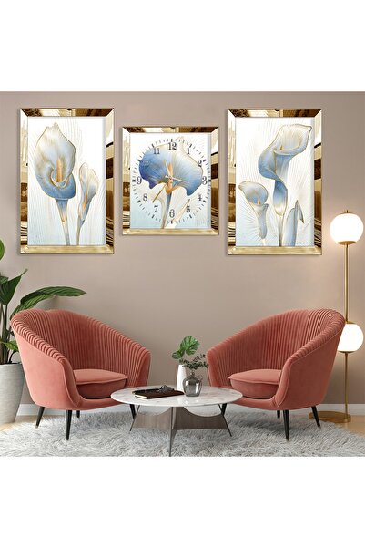 Zevahir Mobilya Dekorasyon Çiçek Soyut Desen Gold Pleksi Kenar Üçlü Mdf Tablo Seti Ve Saat Seti