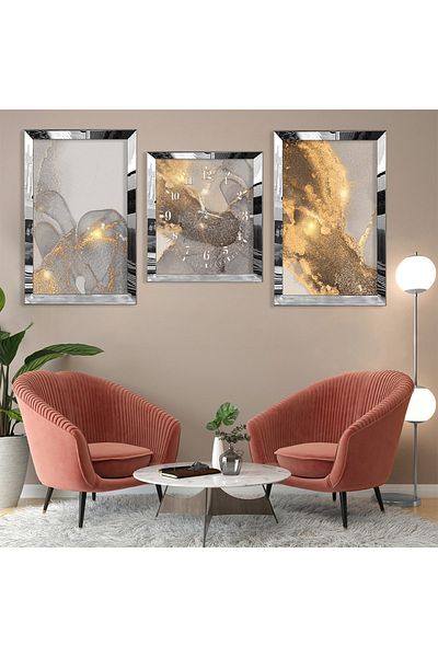 Zevahir Mobilya Dekorasyon Set de pictură și ceas din MDF cu model abstract din argint cu margine din plexiglas