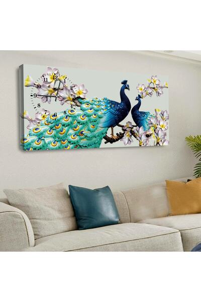 Zevahir Mobilya Dekorasyon Kanvas Mor Çiçekli Mavi Tavus Kuşu Yatay Şeffaf Sa...