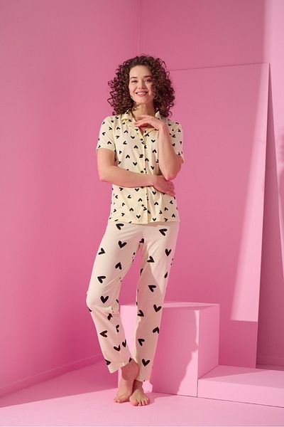 MEBA Women's Front Buttoned Long Heart Pattern Yellow Pajama Set