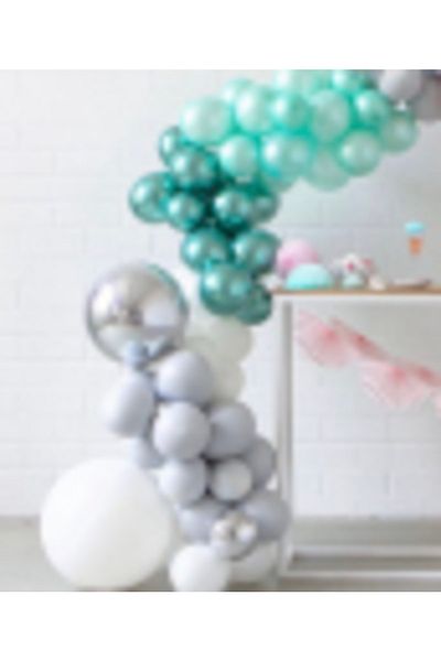 Çemrek Süs Parti Chrome Green Silver Retro Smoke White Mint Balloon Chain Set 70 Balloon and Chain