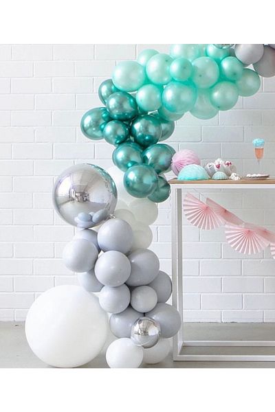 Çemrek Süs Parti Chrome Green Silver Retro Smoke White Mint Balloon Chain Set 100 Balloon and Chain