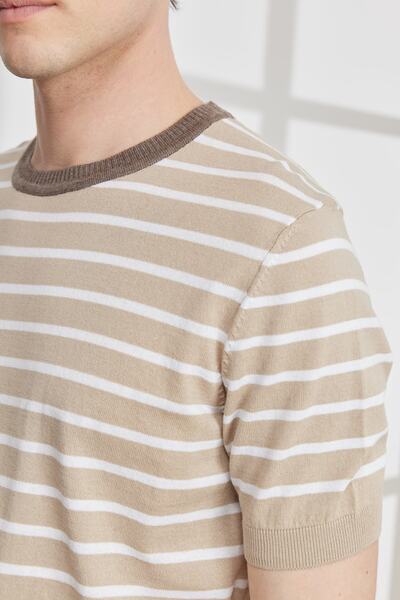ALTINYILDIZ CLASSICS Men's Beige-white Standard Fit Regular Cut Crew Neck 100% Cotton Striped Knitwear T-Shirt