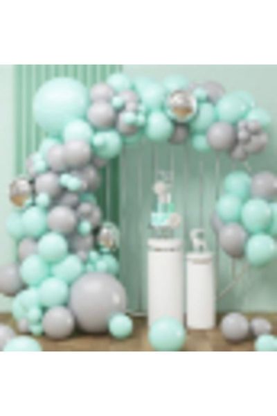 Çemrek Süs Parti Retro Smoke Macaron Mint Chrome Silver Balloon Chain Set 70 Balloon and Chain