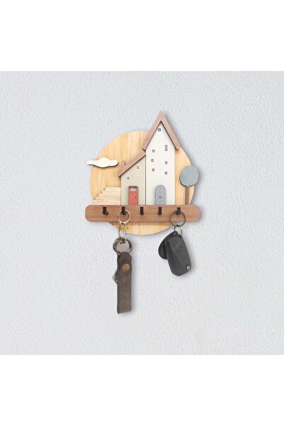CajuArt Pastel Renkli Evler Ahşap Anahtarlık Hol Antre Askılık Duvar Dekor