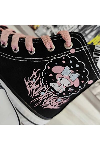 MECH BUTİK My Melody Saçaklı Pembe Baskılı Siyah Bilekli Spor Ayakkabı Snekaer