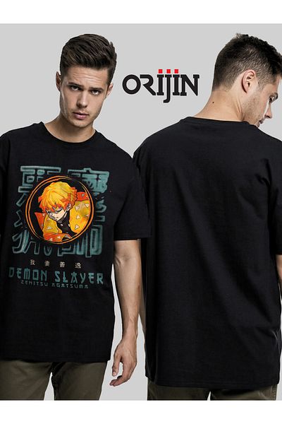 Orijin Tekstil Demon Slayer Zenitsu Agatsuma Printed Unisex Black T-shirt