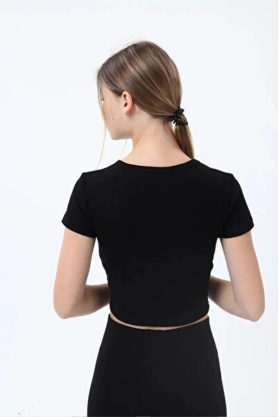 Genel Markalar Kadın Fitilli Kısa Kollu Crop Tshirt