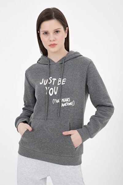 defys Women's Hooded Regular Fit Fleece-Lined Printed Sweatshirt Anthracite M...