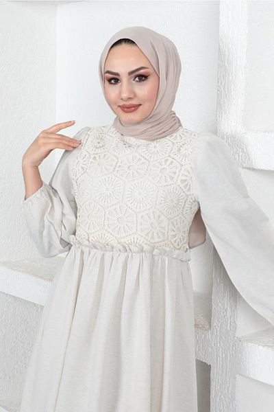 benguen 8787 Rochie Hijab In Dantela Detaliata Culoare Piatra