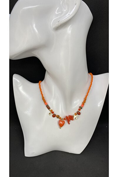 Porsuk Alternatif El Yapımı Etnik Seramik Kalp Mercan Taşlı Kadın Kolye