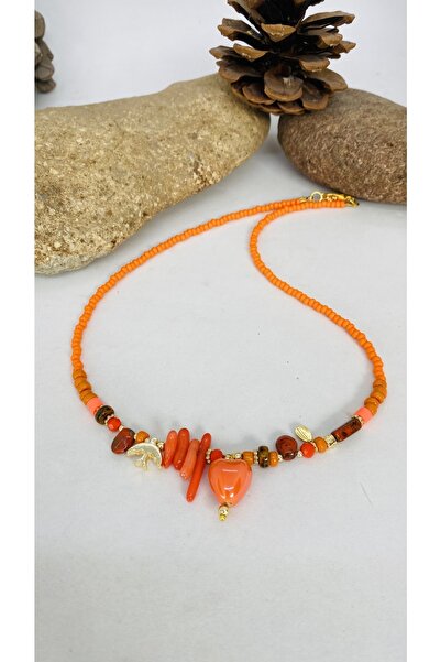 Porsuk Alternatif El Yapımı Etnik Seramik Kalp Mercan Taşlı Kadın Kolye