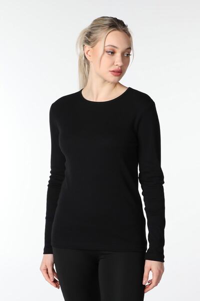 defys Tricou guler rotund cu mânecă lungă pentru femei, cu croiala normală, basic negru