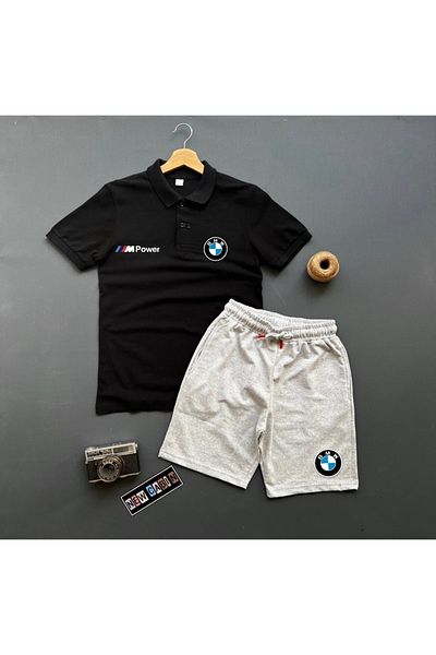 NewCabin New Season Trend Summer BMW Printed Polo Collar T-shirt - Shorts Combination Bottom Top Set 2 Pieces