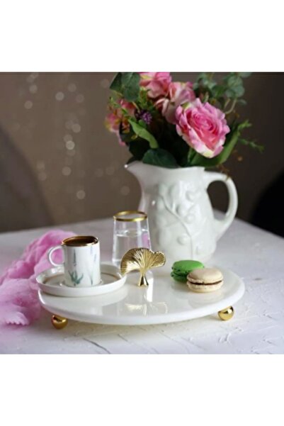 MIARIK DESIGN & DEKORASYON Dekoratif Gınkgo Cıcek Aksesuarlı Beyaz Mermer Tep...