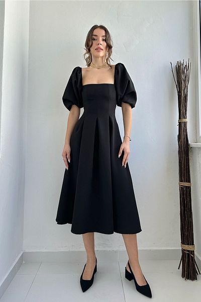 Seda Yalçın Atelier Black Balloon Sleeve Midi Length Ernest Dress