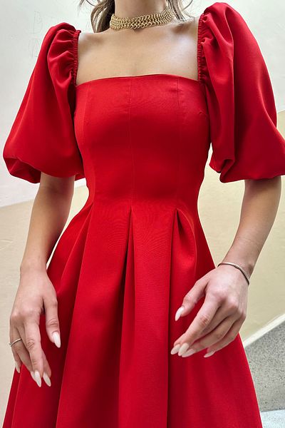 Seda Yalçın Atelier Red Balloon Sleeve Midi Length Ernest Dress