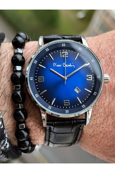 Pierre Cardin Brand Steel Case Leather Strap Calendar Men's Wristwatch + bracelet, rosary